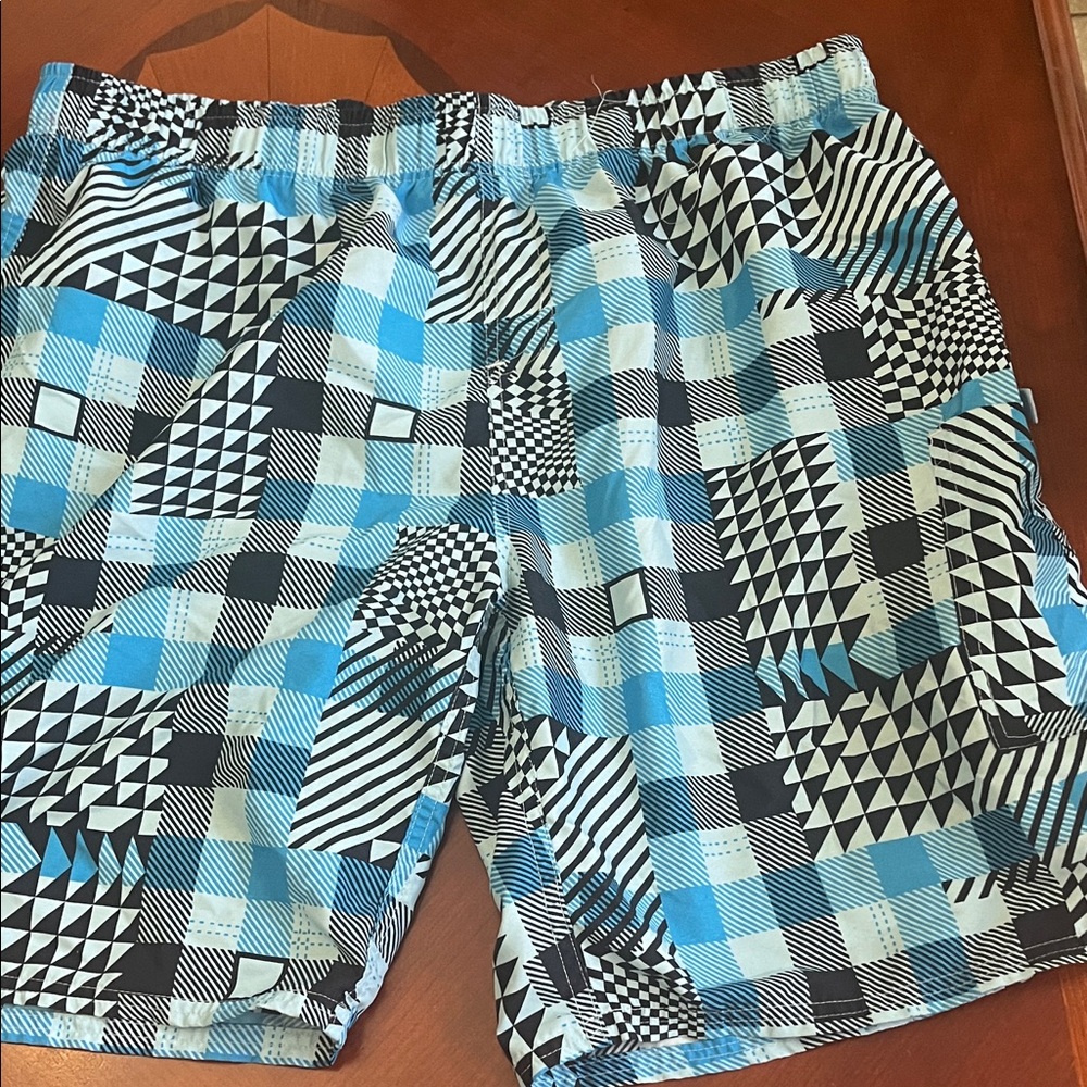 Blue & Black Geometric Plaid Swim Shorts